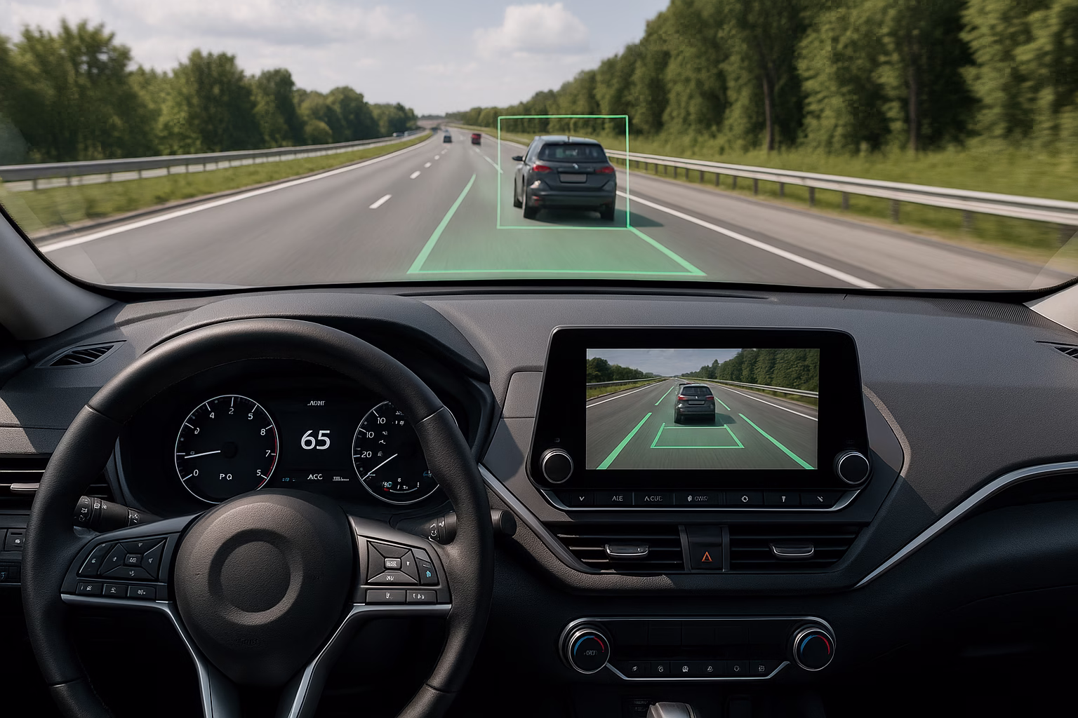 Driver’s view inside a modern car showing lane assist and adaptive cruise control visuals on a highway
