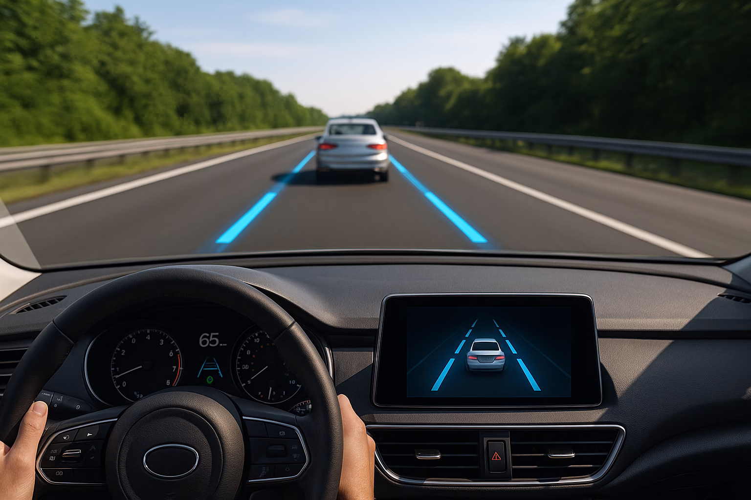 Driver’s view on a sunny highway showing blue digital lane markings representing active lane keeping assist.