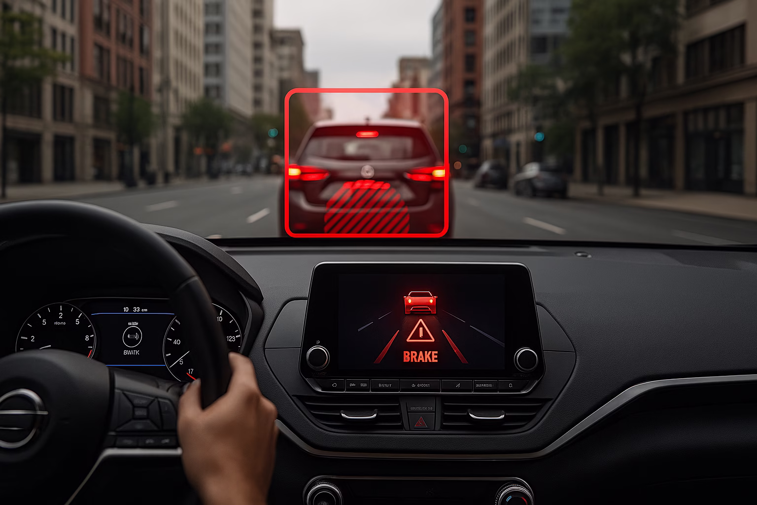 Driver’s view showing a red brake warning as a car ahead triggers automatic emergency braking in city traffic.