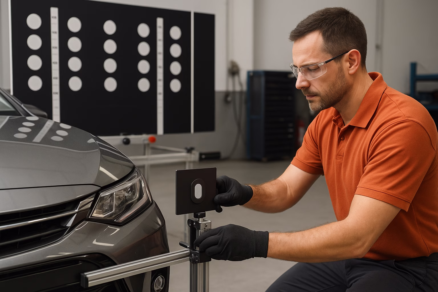 Technician inspecting a car’s front radar using calibration equipment after minor damage.