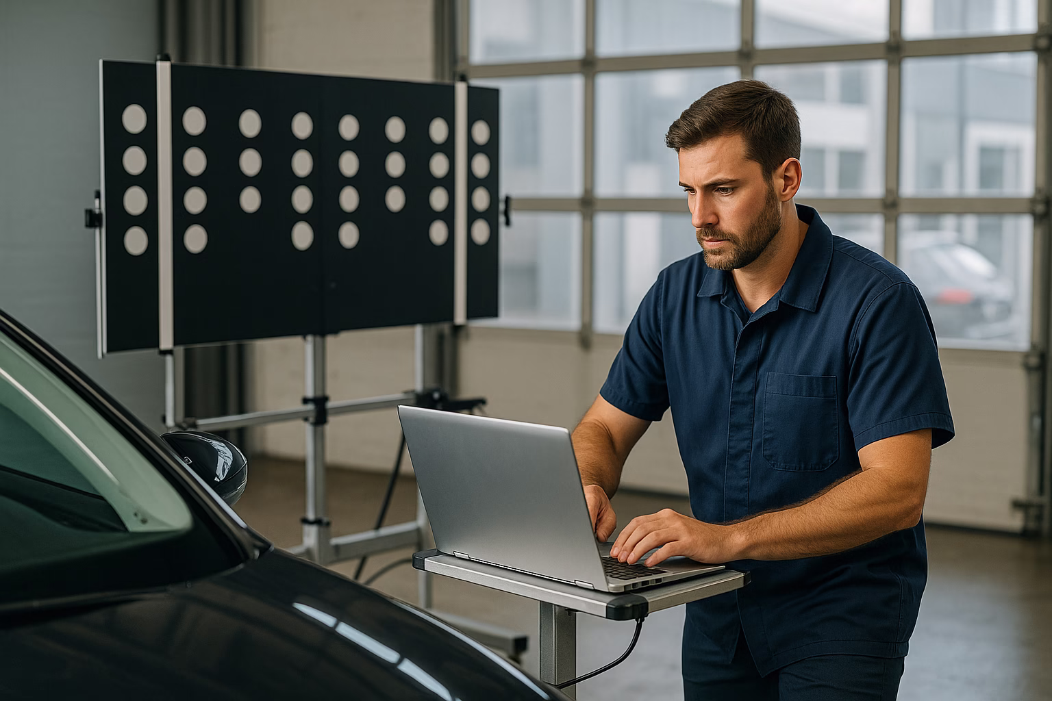 Technician preparing an ADAS calibration in a workshop with target boards set up in front of a car.