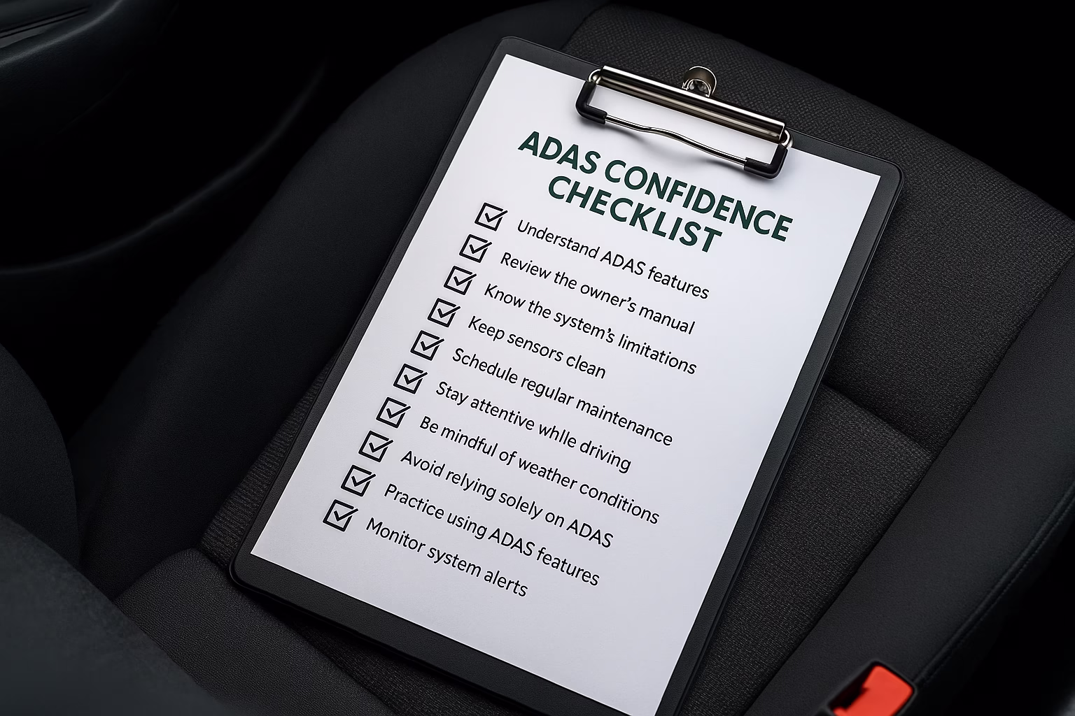 Clipboard with an ADAS Confidence Checklist showing ten safety tips placed on a car seat in natural daylight.