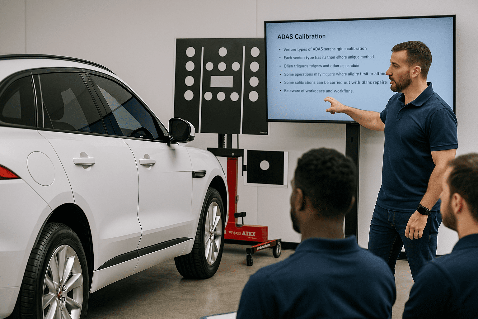 ChatGPT Image Aug 1, 2025 at 10_33_04 PM ADAS calibration training session in a professional automotive workshop with instructor and trainees
