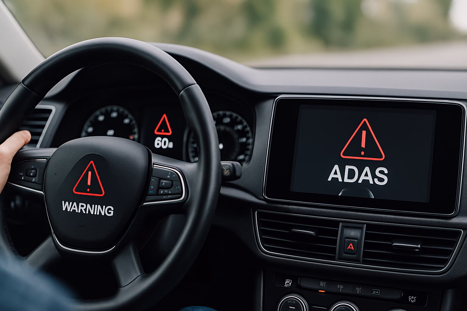 Car dashboard displaying an ADAS warning light and red alert symbols while the driver grips the steering wheel on a quiet road.