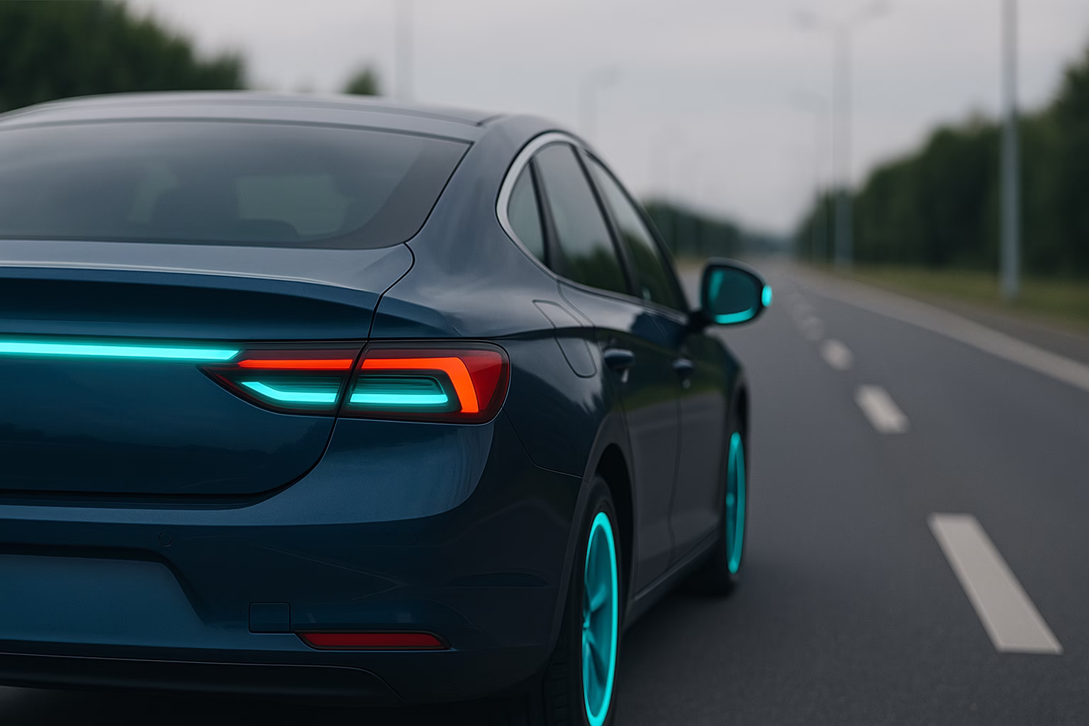 A modern blue electric car driving on an open road at dusk with turquoise lighting accents symbolising automated driving communication.