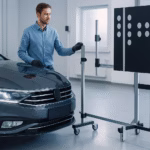 Technician performing ADAS calibration on a modern sedan using a digital target board in a clean, well-lit workshop.