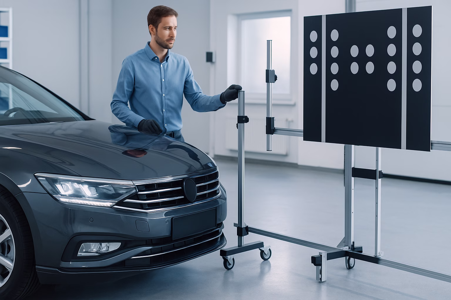 Technician performing ADAS calibration on a modern sedan using a digital target board in a clean, well-lit workshop.