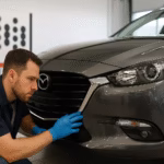 Technician inspecting the front bumper alignment of a modern car during ADAS calibration in a professional workshop.