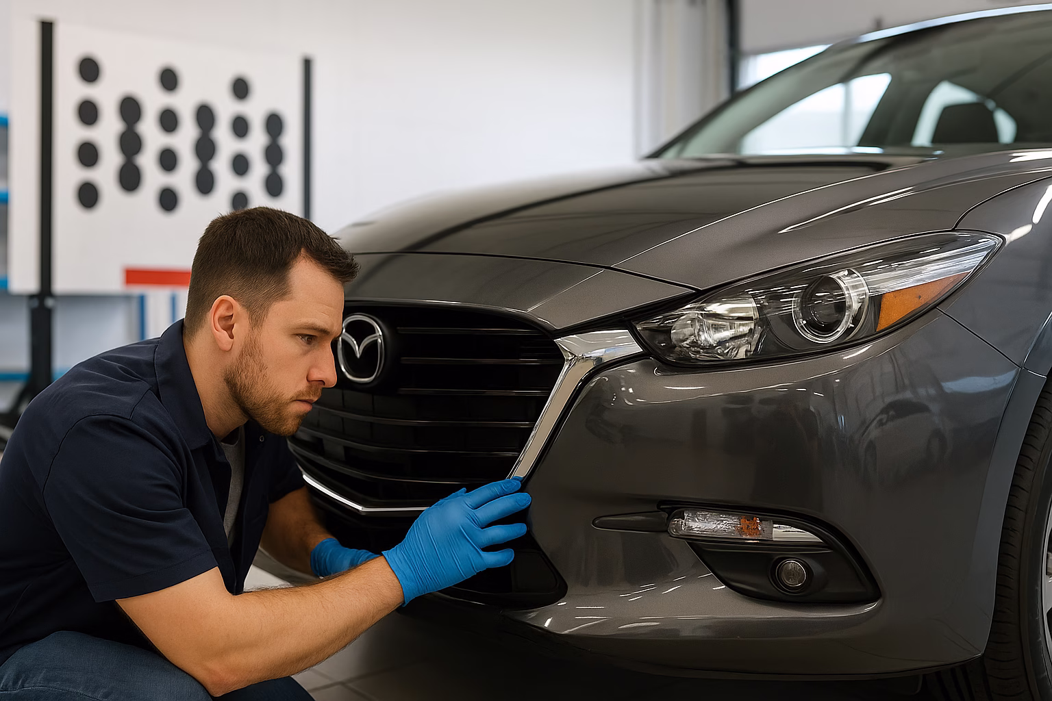 Technician inspecting the front bumper alignment of a modern car during ADAS calibration in a professional workshop.