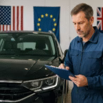 Automotive technician holding a clipboard beside a black car with the flags of the United States, European Union, and Australia displayed behind him.