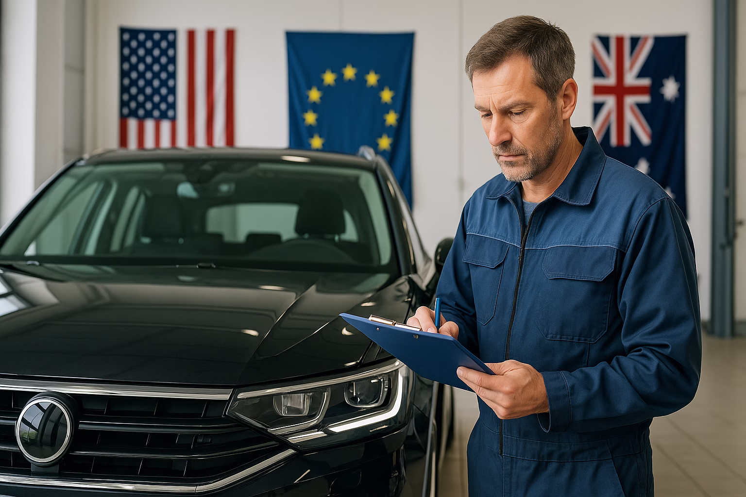 Automotive technician holding a clipboard beside a black car with the flags of the United States, European Union, and Australia displayed behind him.