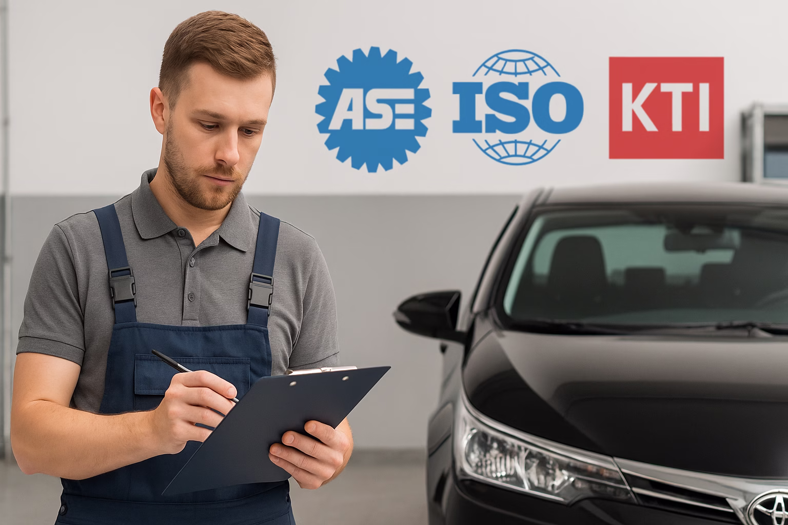 Automotive technician reviewing a clipboard in a workshop with ASE, ISO, and KTI certification logos behind him.