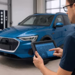 Technician using a tablet to calibrate the ADAS system of a blue SUV in a clean workshop with calibration targets in the background.