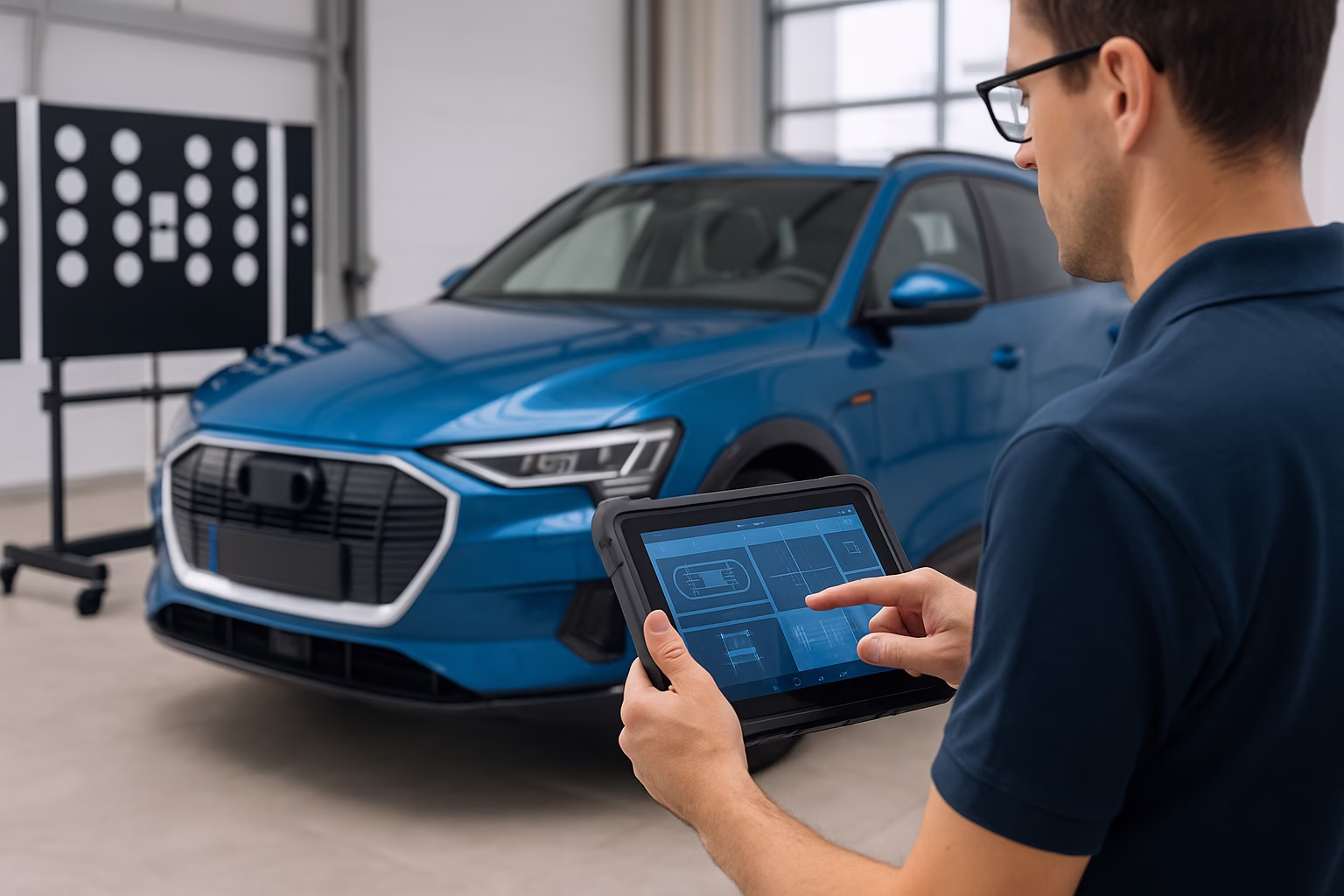 Technician using a tablet to calibrate the ADAS system of a blue SUV in a clean workshop with calibration targets in the background.