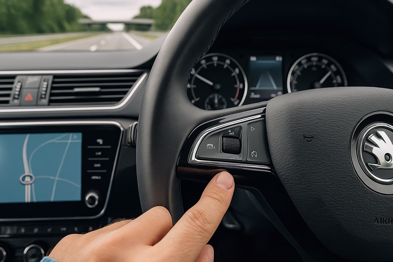 Driver presses the steering wheel button to disable an ADAS feature while cruising on a sunny highway with a clear dashboard view.