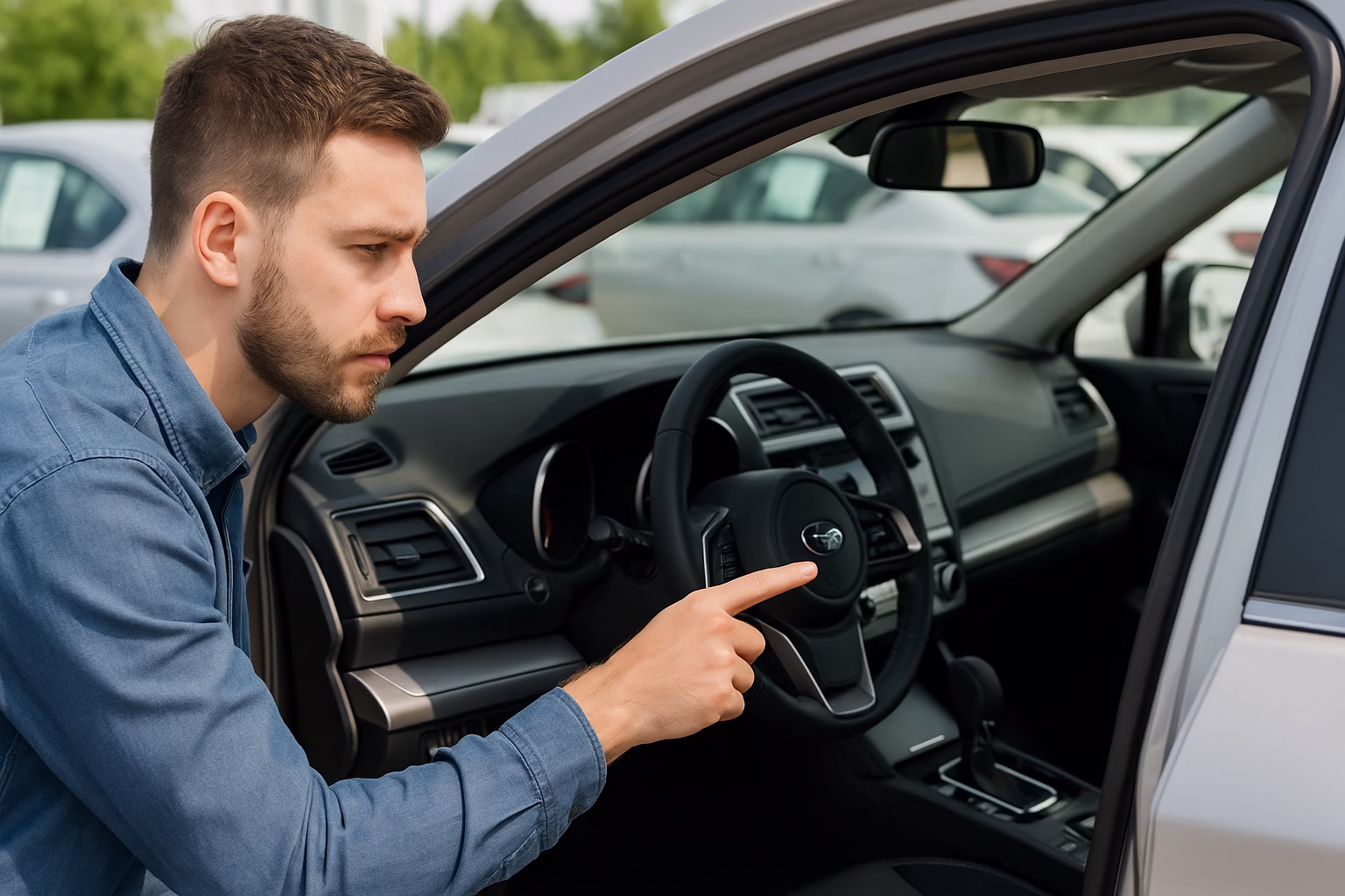 Buyer inspecting a used car’s ADAS features, pointing at the dashboard display inside a silver sedan parked at a dealership.