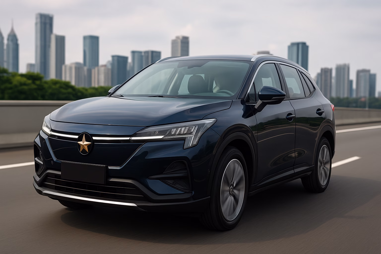 A sleek modern Chinese electric SUV driving on a highway with a futuristic city skyline in the background, showcasing advanced ADAS design.