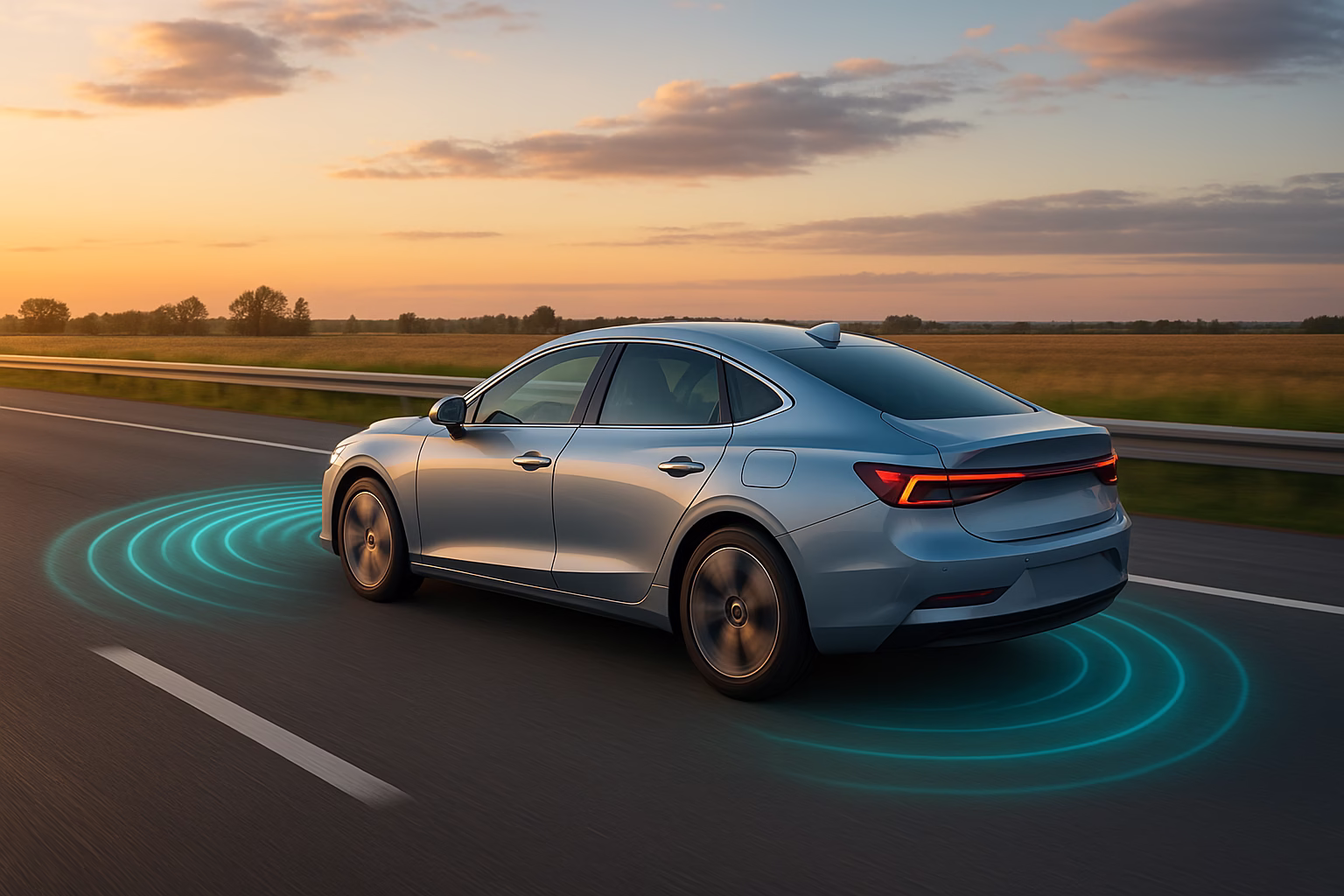 A silver autonomous sedan drives along a highway at sunset with glowing ADAS sensor visuals, symbolising the evolution of driver assistance.
