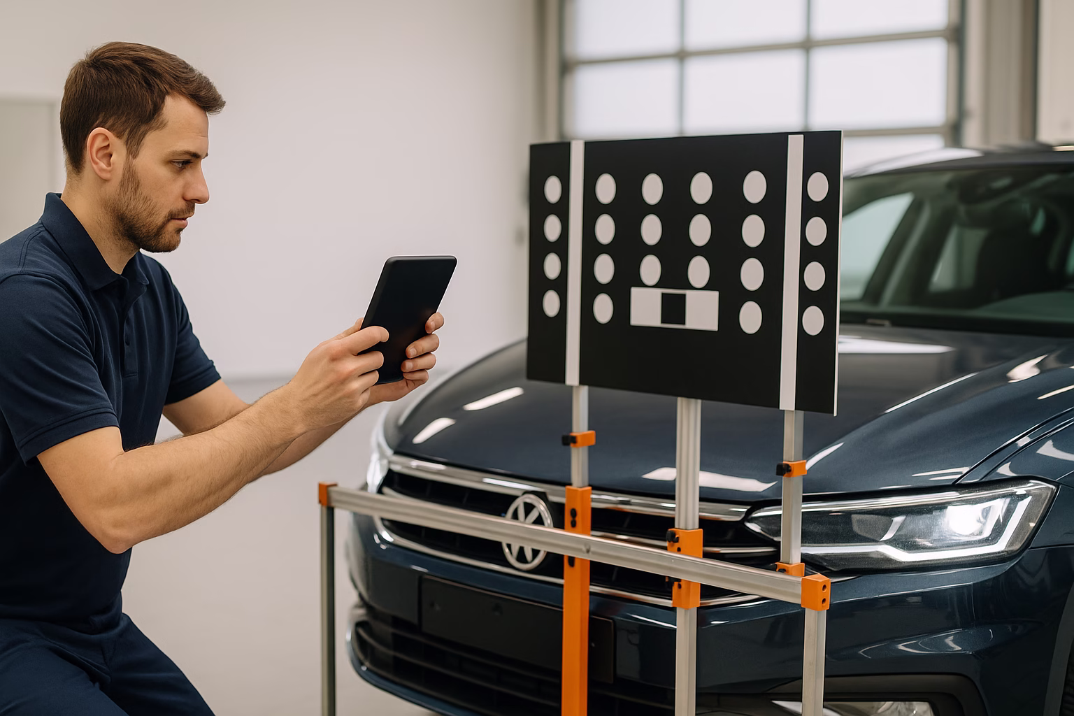 Technician using a tablet to calibrate a car’s ADAS system with a digital target board inside a bright professional workshop.