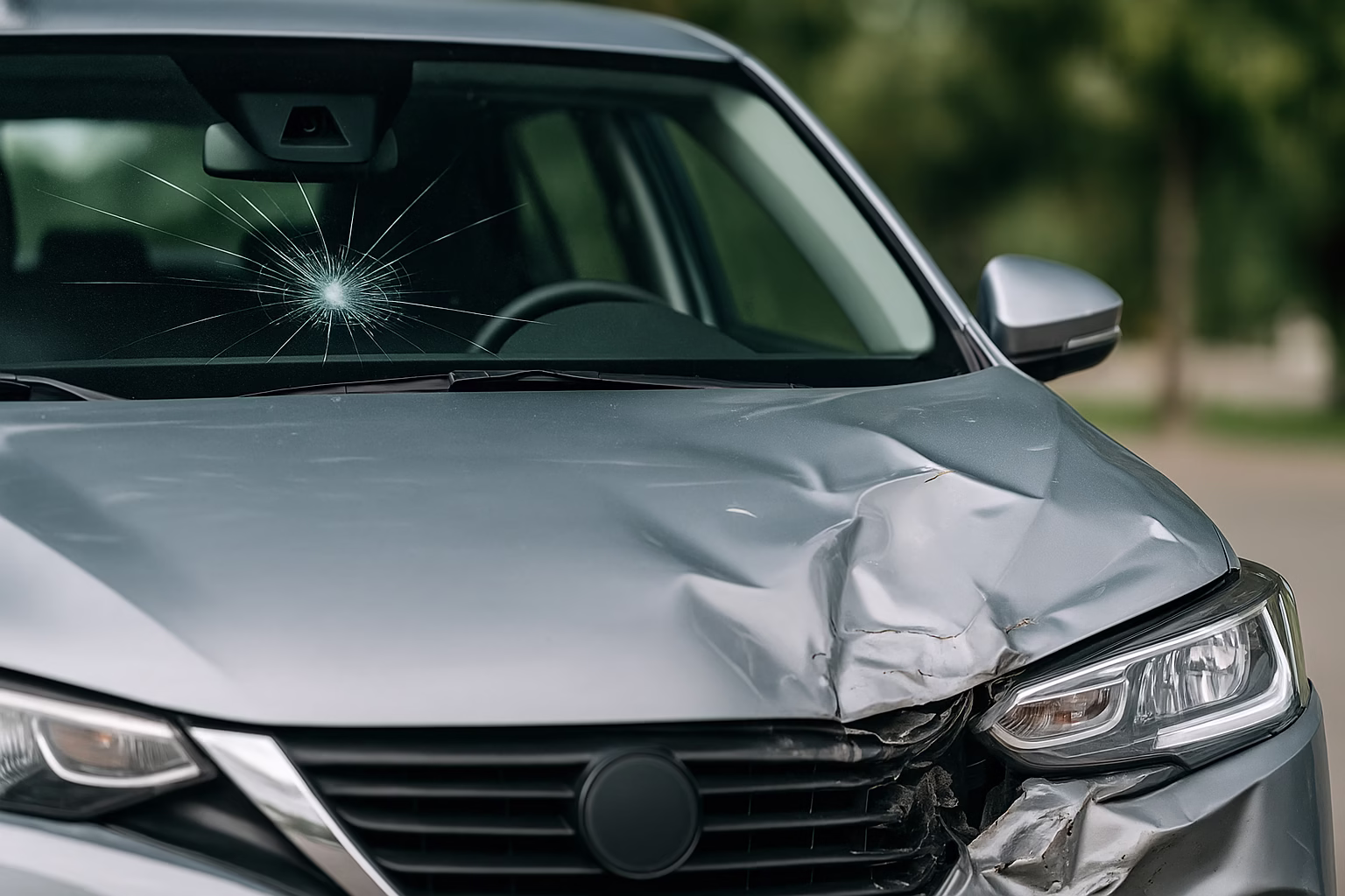 Front view of a silver car with a cracked windshield and dented bumper showing visible ADAS camera and radar areas.