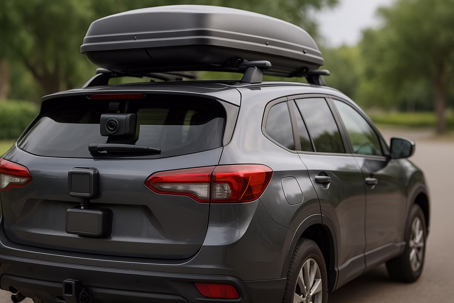Modern SUV equipped with aftermarket accessories including a roof box and dashcam, showing how added equipment can interfere with ADAS sensors.