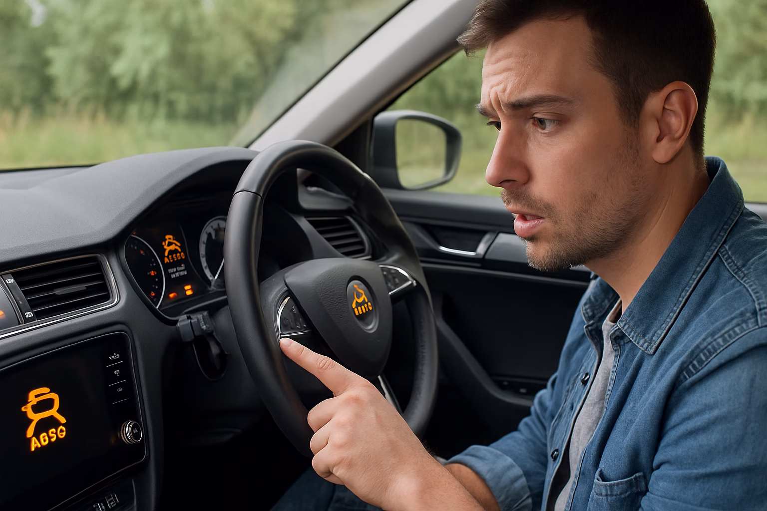 Driver pointing at an illuminated ADAS warning light on the dashboard with a concerned expression inside a modern car.
