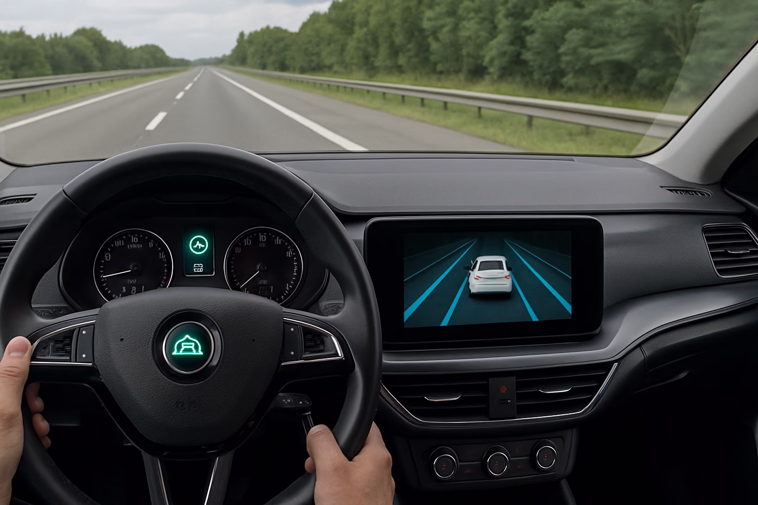 Driver’s view of a highway with Lane Following Assist active, shown on the digital dashboard and infotainment display with blue lane indicators.