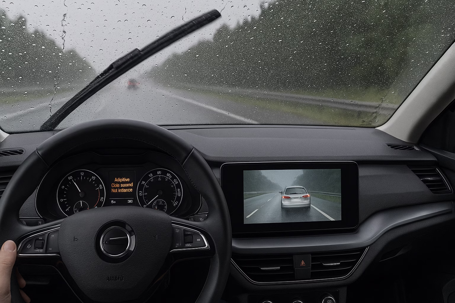 Driver’s view of a rainy highway with adaptive cruise control warning displayed on the dashboard, showing poor visibility and wet conditions.