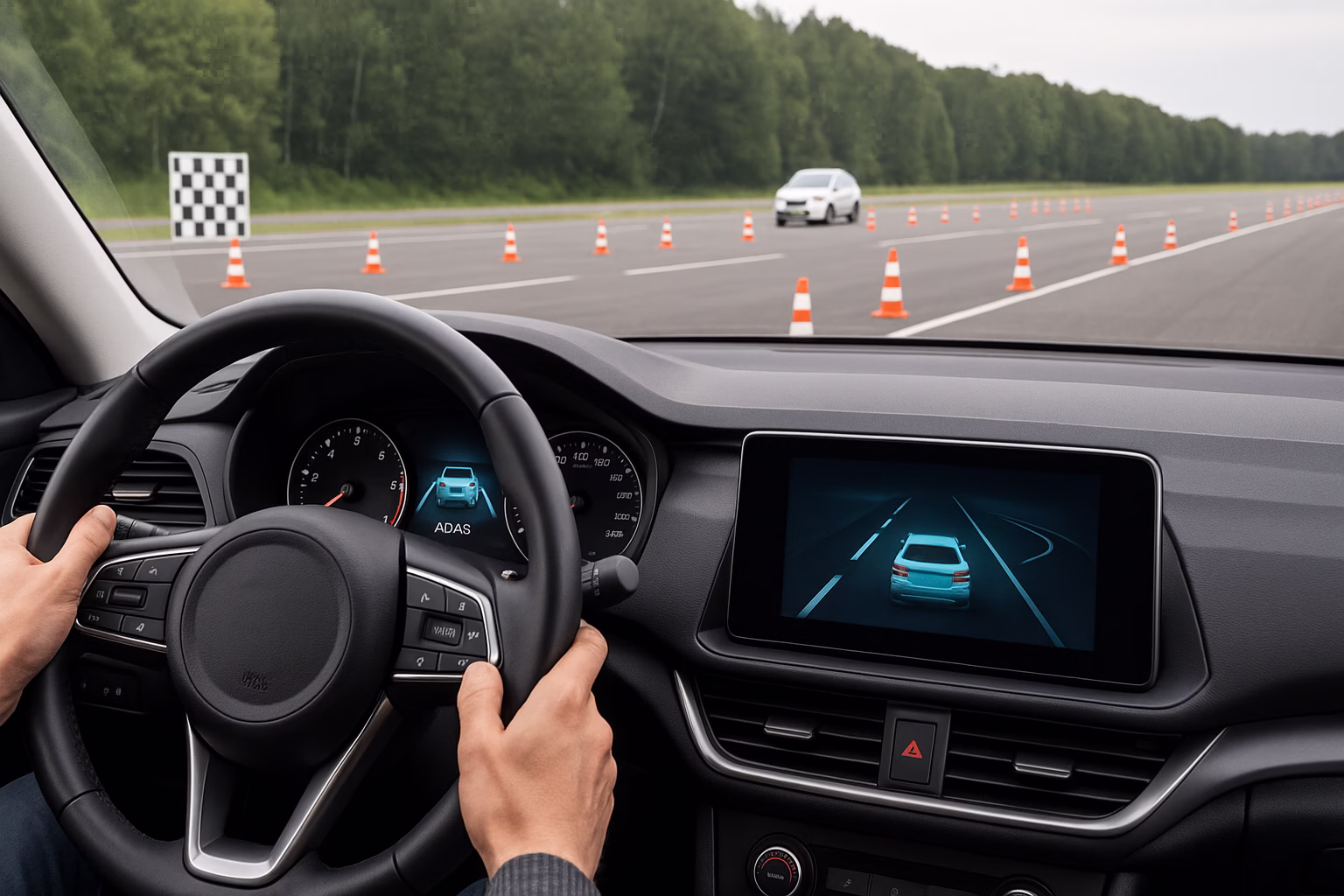 Driver testing ADAS features on a closed track with traffic cones and a safety vehicle ahead, viewed from inside a modern car.