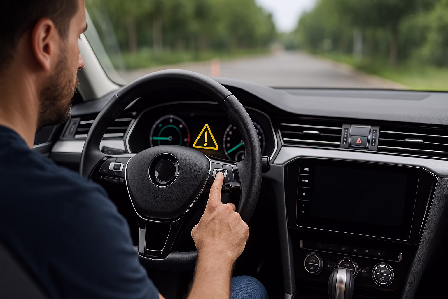Driver inside a modern car presses a warning button on the steering wheel while a yellow ADAS alert symbol appears on the dashboard.