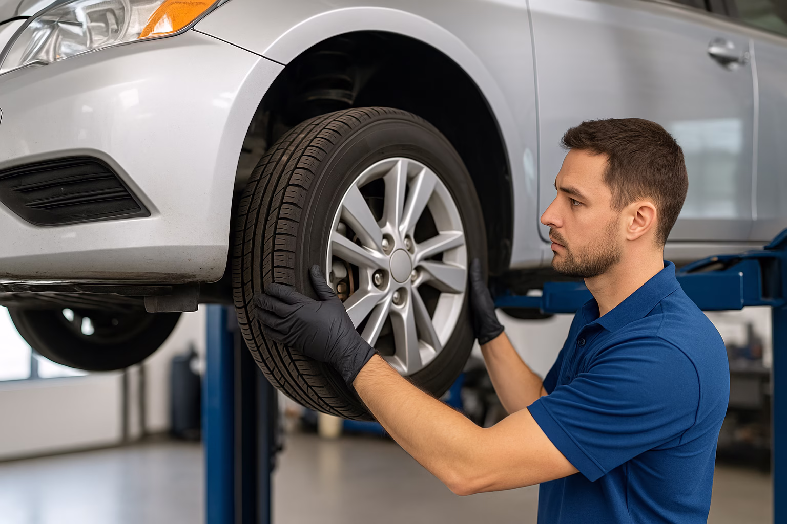 Technician inspecting a car’s front wheel and suspension while it is lifted on a hoist in a clean workshop.