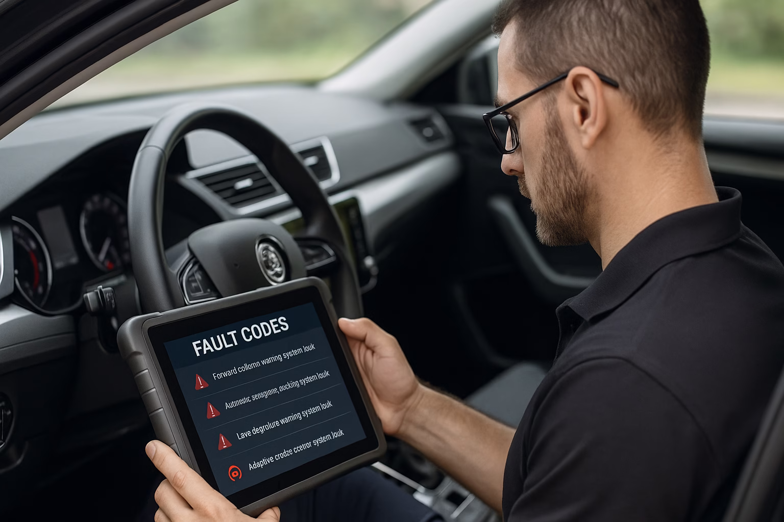 Automotive technician seated in a modern car using a diagnostic tablet showing ADAS-related fault codes.