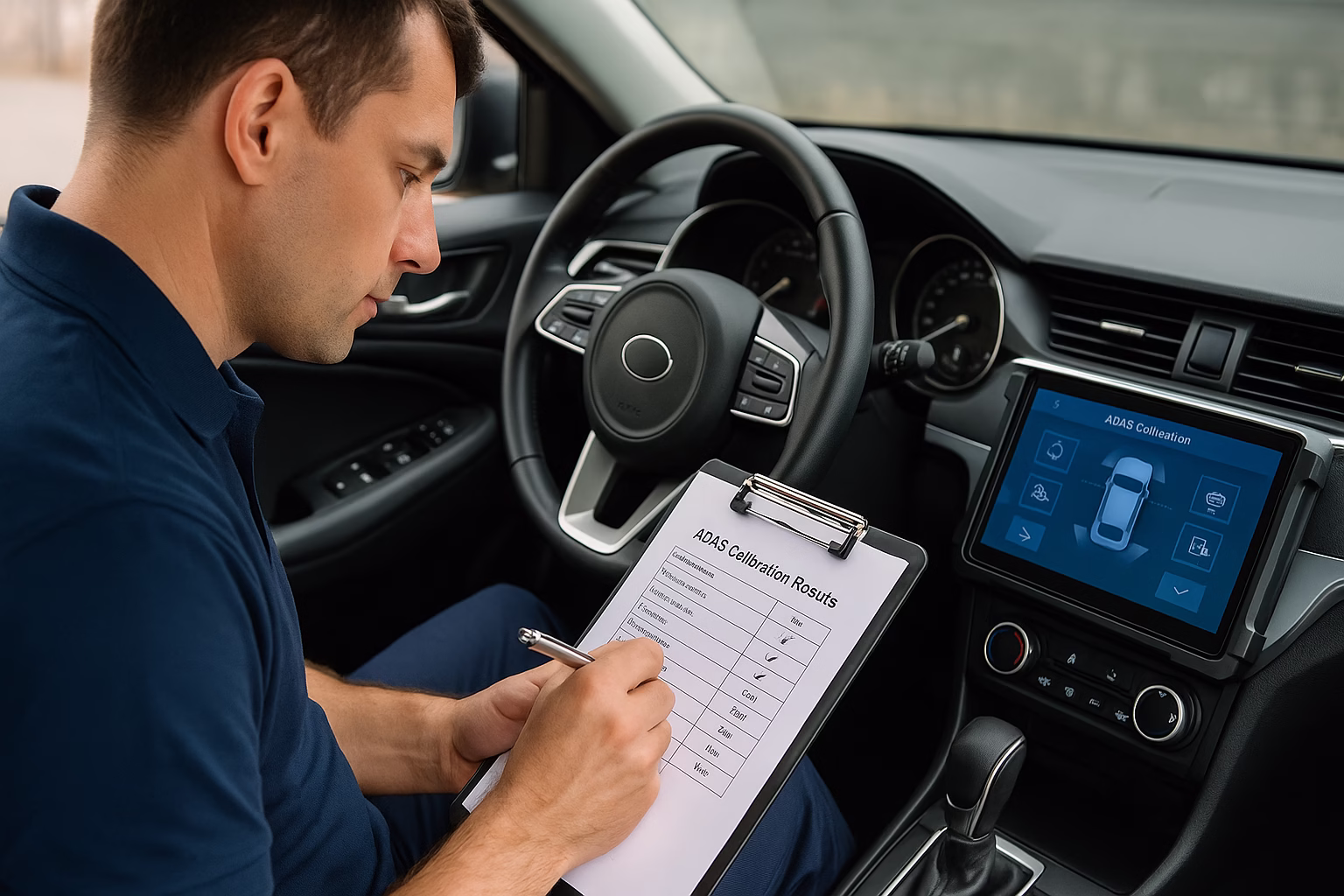 Technician sitting inside a car filling out an ADAS calibration results form on a clipboard beside a tablet showing calibration data.