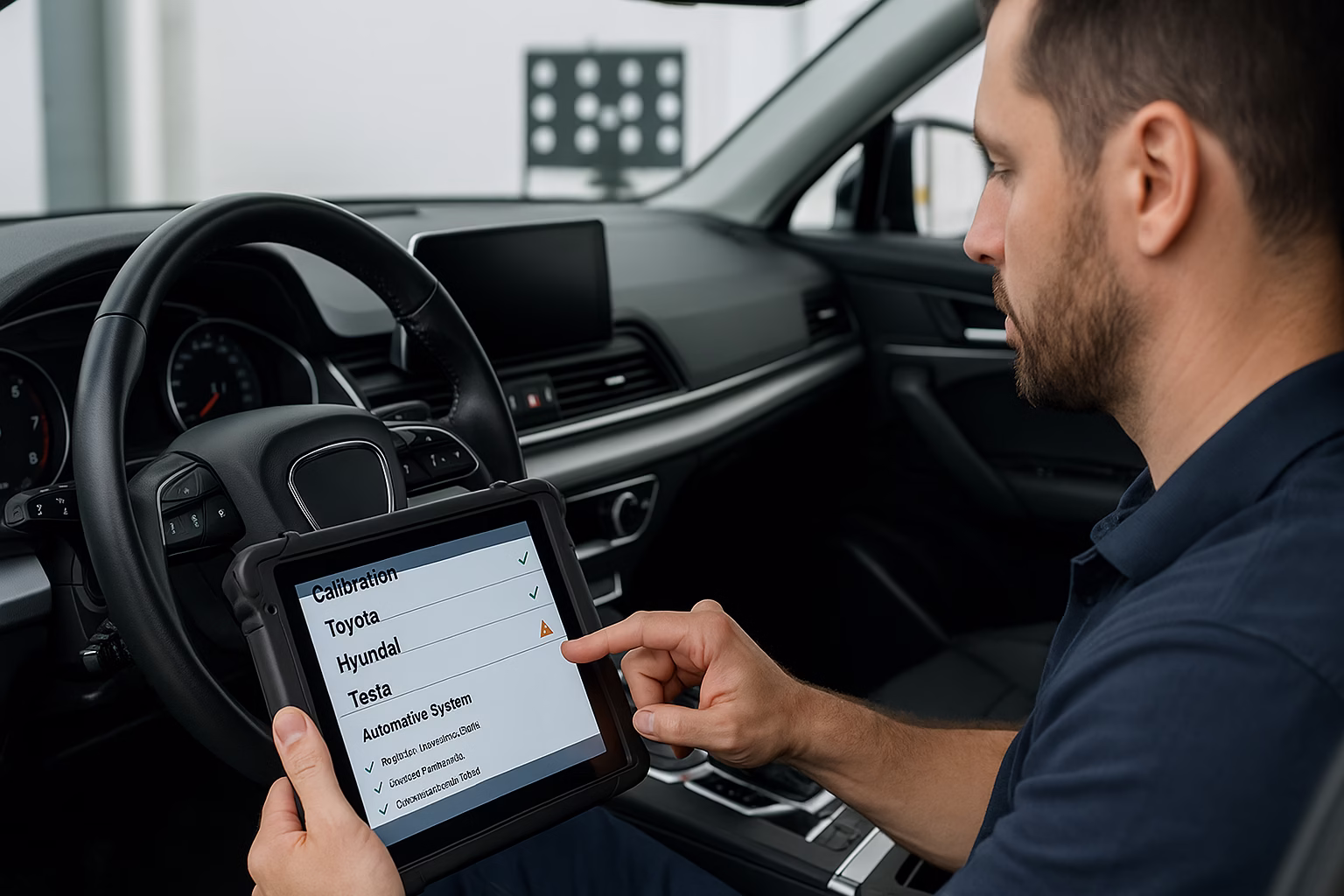 Technician inside a modern car using a diagnostic tablet showing calibration options for Toyota, Hyundai, and Tesla with a target board visible in the background.