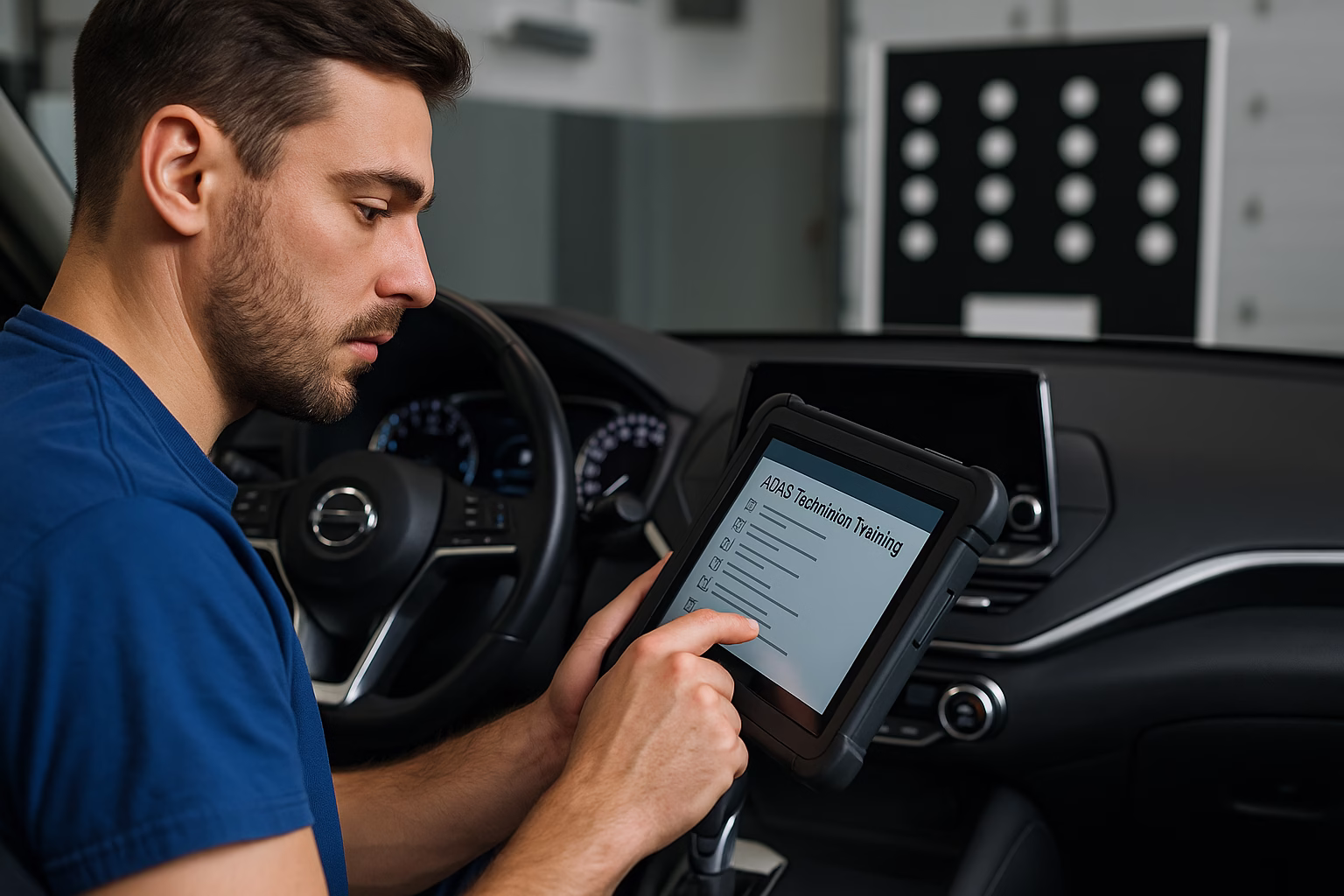 Young technician sitting in a modern car using a tablet displaying ADAS Technician Training content with a calibration target visible in the background.