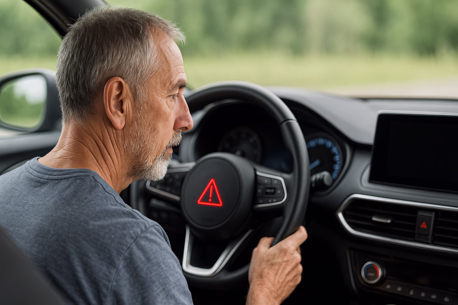 Older driver inside a car noticing an ADAS warning symbol on the steering wheel, representing aging sensor performance and system drift.