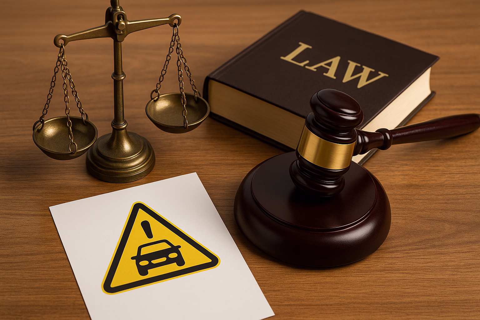Gavel, balance scale, and law book arranged on a wooden desk beside a warning sign with a car symbol, representing ADAS calibration liability.