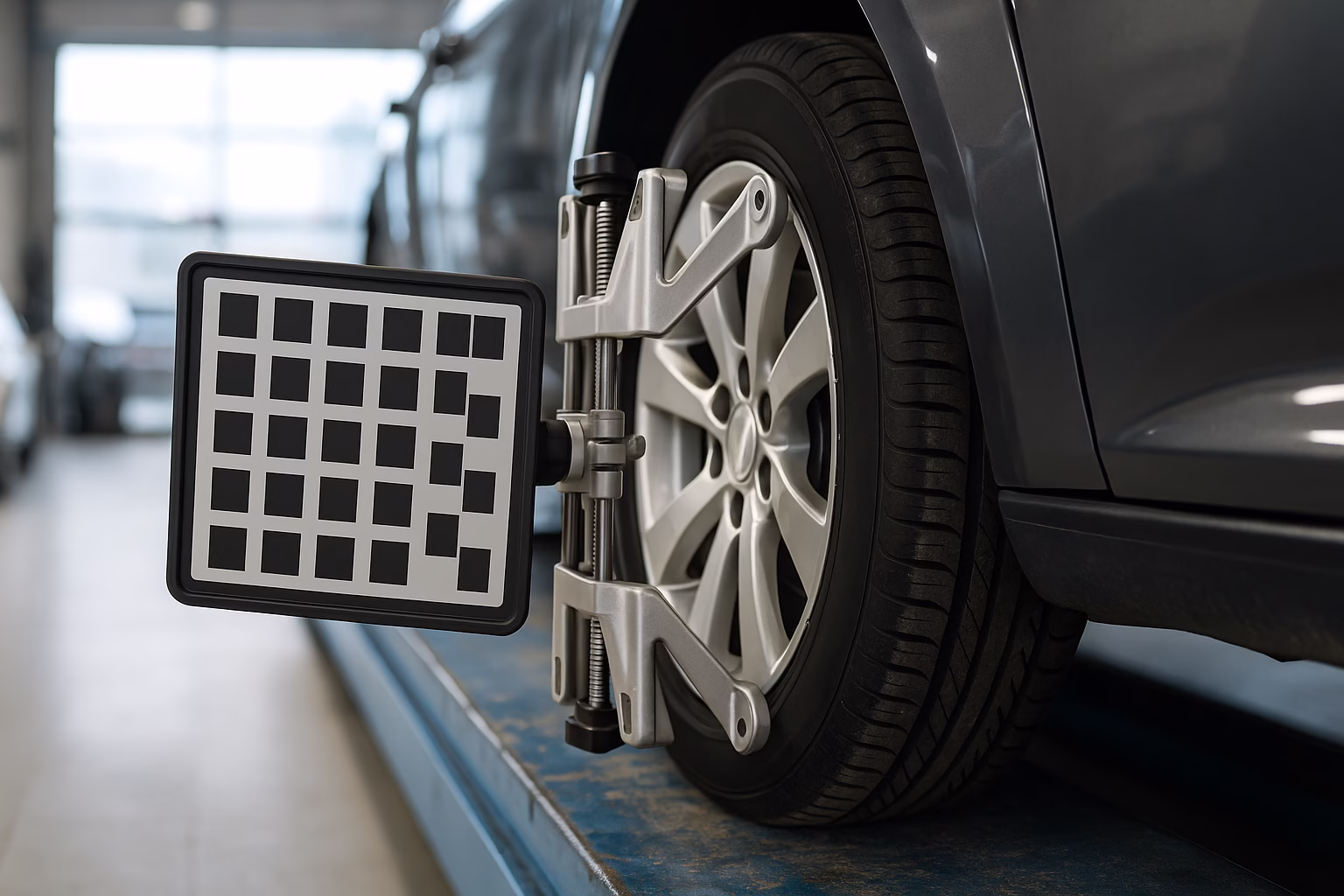 Close-up of a car wheel with a digital alignment clamp and calibration target attached during a professional wheel alignment in a workshop.