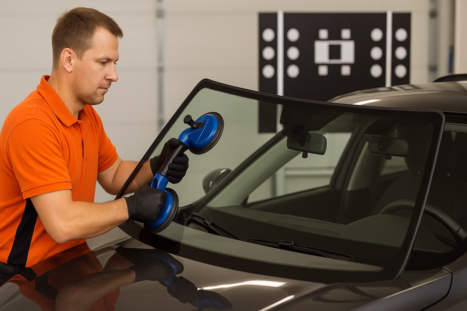 Technician installing a new windshield on a modern car using a suction tool, with an ADAS calibration target visible in the workshop background.