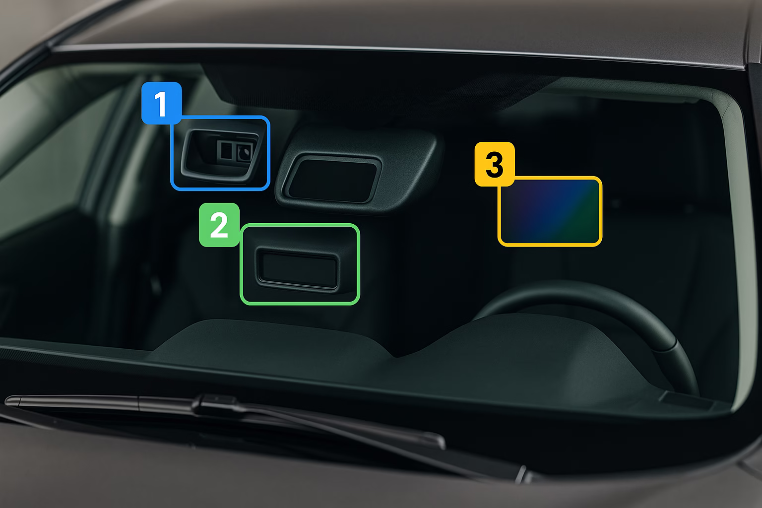 Close-up of a car windshield showing three ADAS sensors—camera, radar, and LiDAR—highlighted in blue, green, and yellow frames to represent sensor fusion.