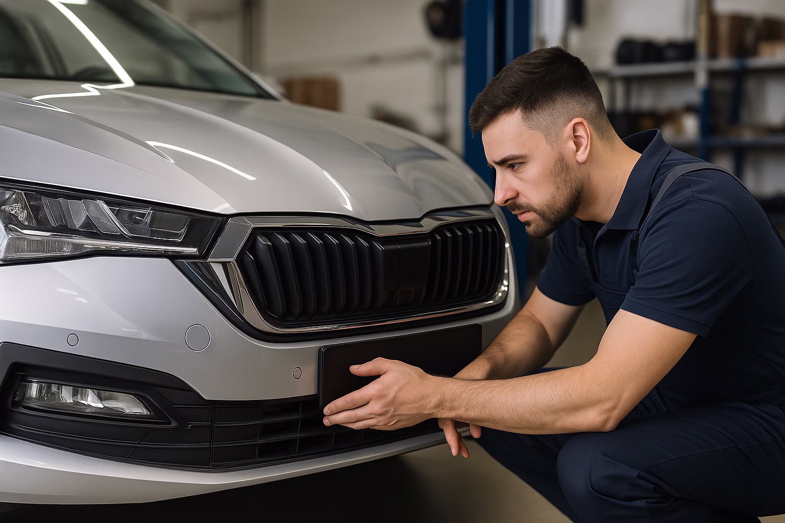 Technician inspecting the front radar sensor area of a silver car’s bumper in a professional workshop after repairs.