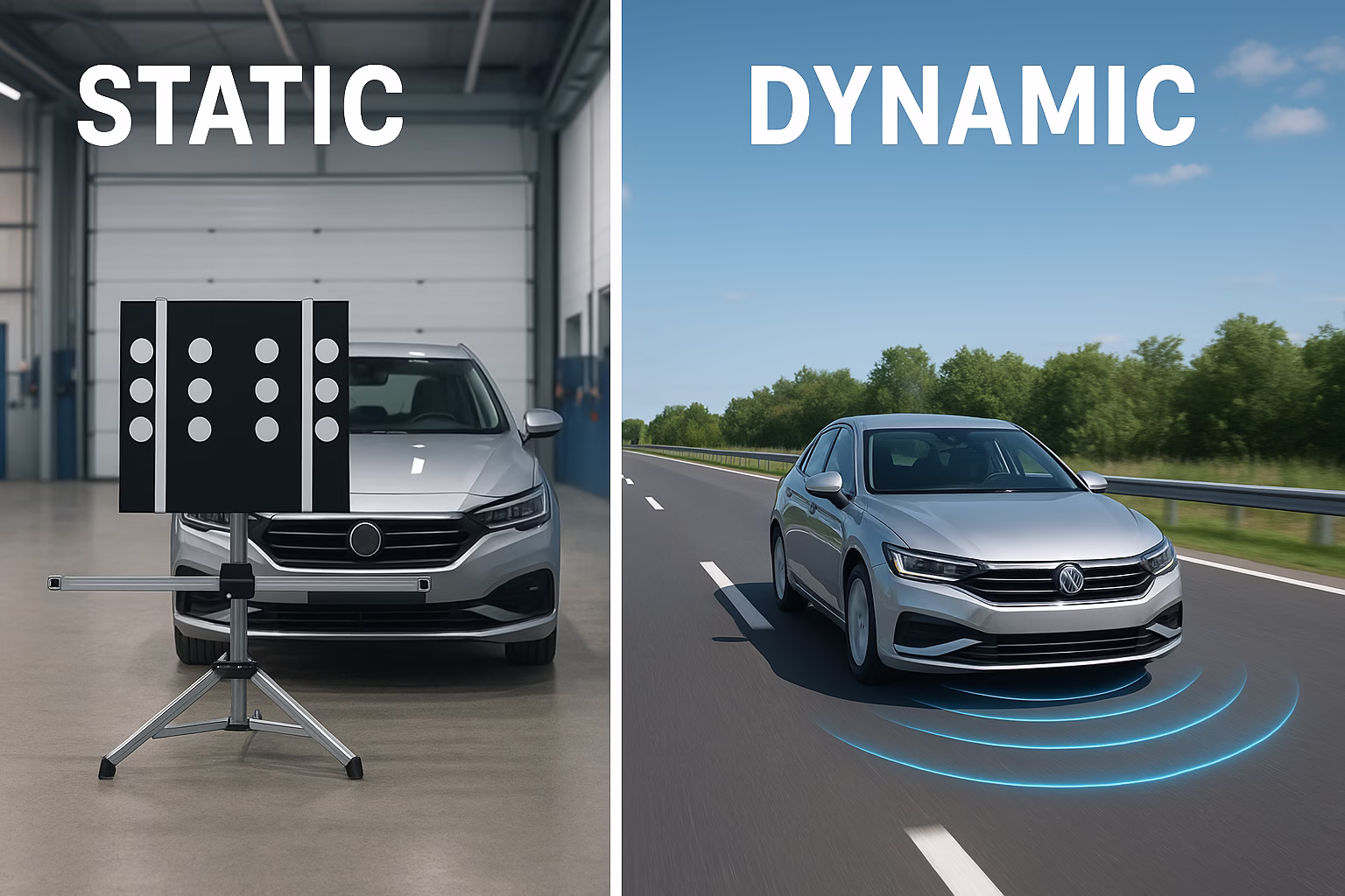 Split image showing static ADAS calibration in a workshop on the left and dynamic calibration with a moving car on a highway on the right.