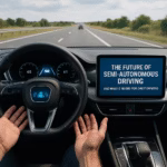 Driver’s view inside a semi-autonomous car with hands off the steering wheel and dashboard showing autonomous mode active.