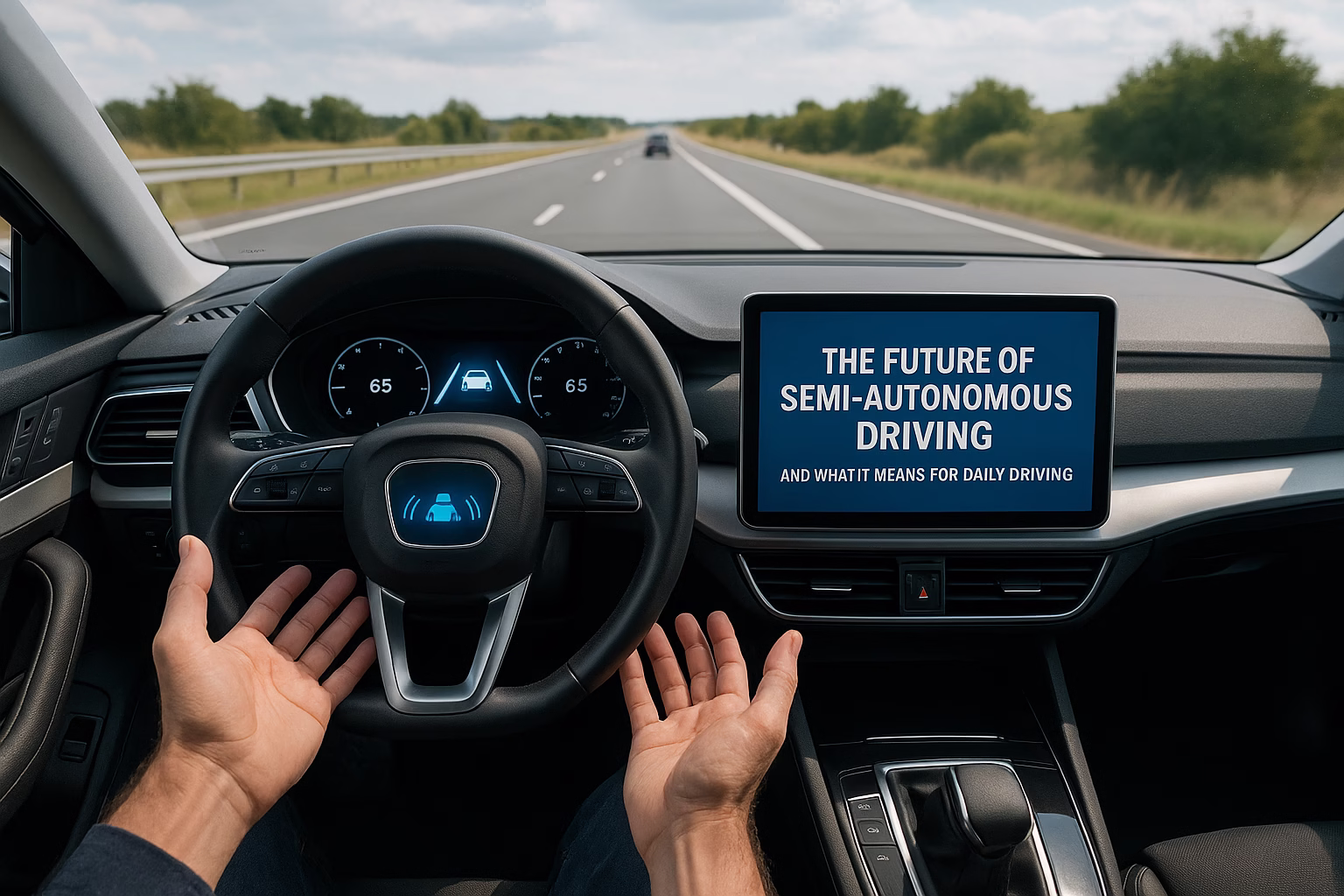 Driver’s view inside a semi-autonomous car with hands off the steering wheel and dashboard showing autonomous mode active.