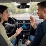 Couple sitting in a modern car discussing the ADAS display on the dashboard during a calm conversation.