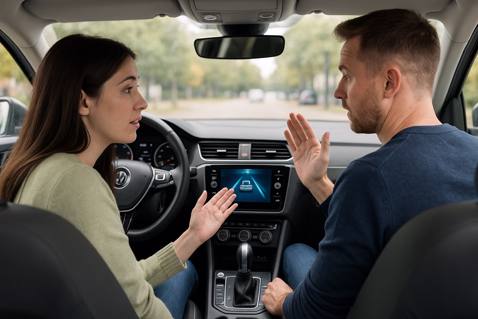 Couple sitting in a modern car discussing the ADAS display on the dashboard during a calm conversation.