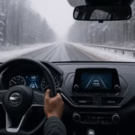 Driver’s view of a car navigating a snowy highway with visible ADAS lane guidance on the dashboard display.