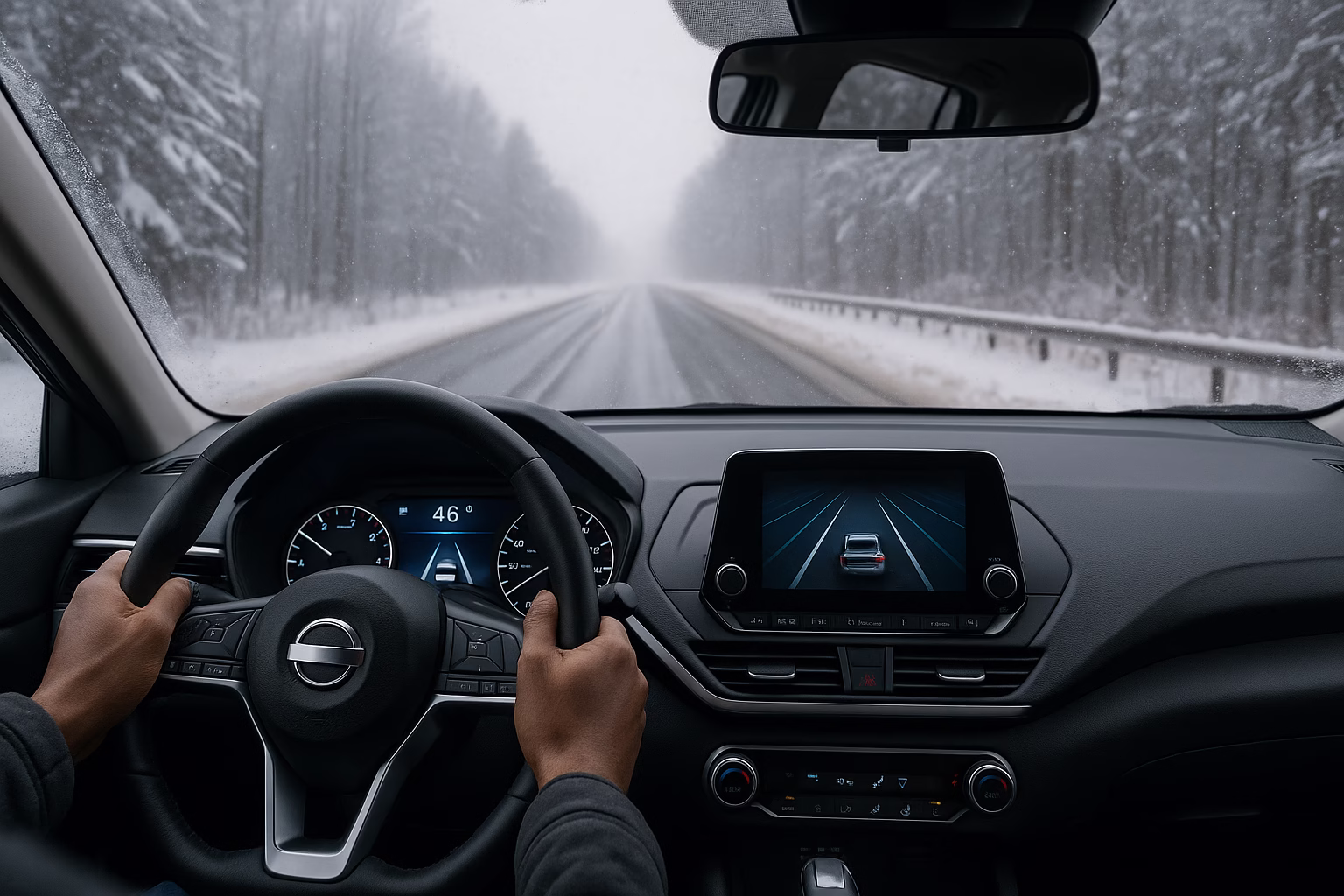 Driver’s view of a car navigating a snowy highway with visible ADAS lane guidance on the dashboard display.