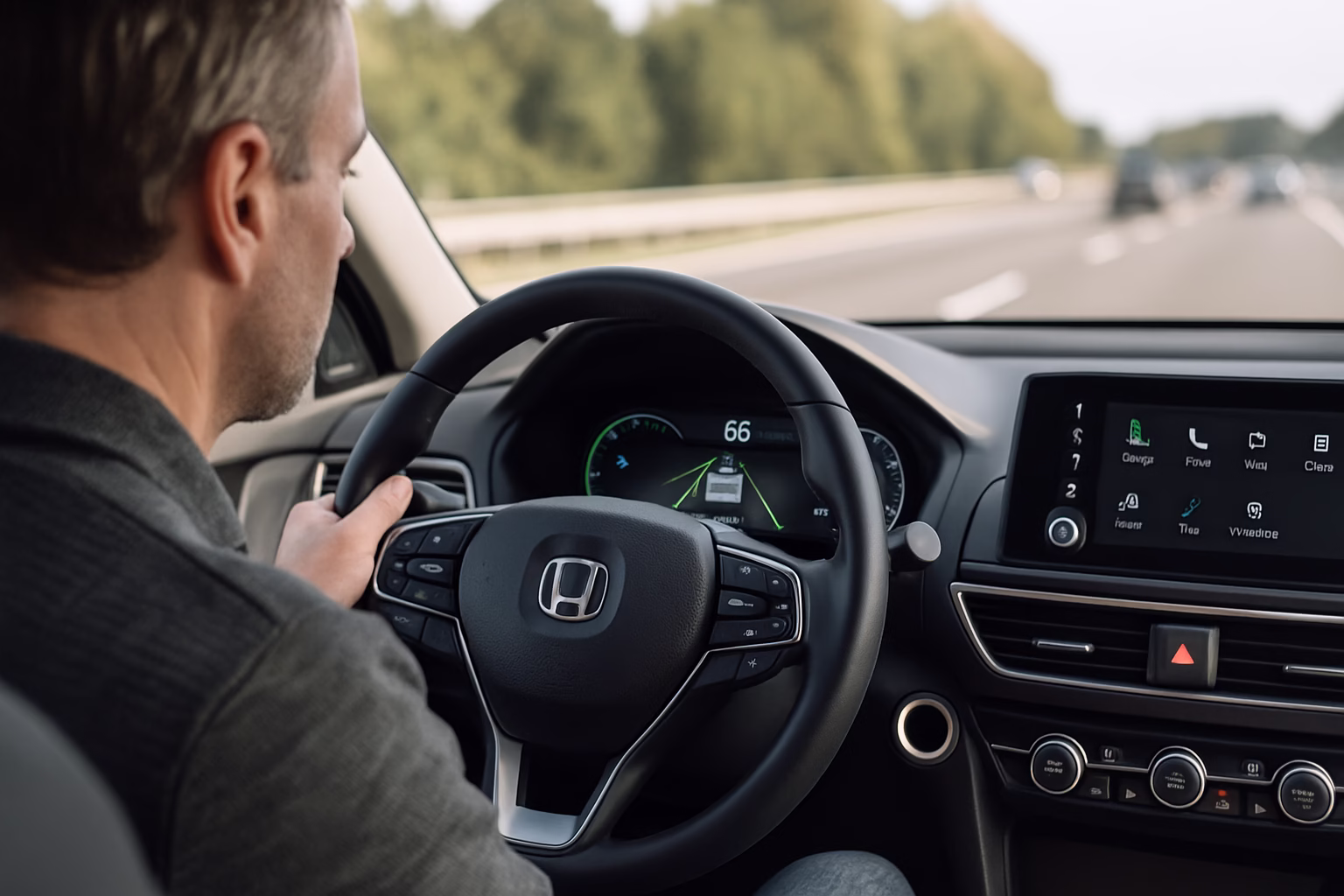 Driver focused on a modern digital dashboard displaying lane assist and adaptive cruise control indicators on a sunny highway.