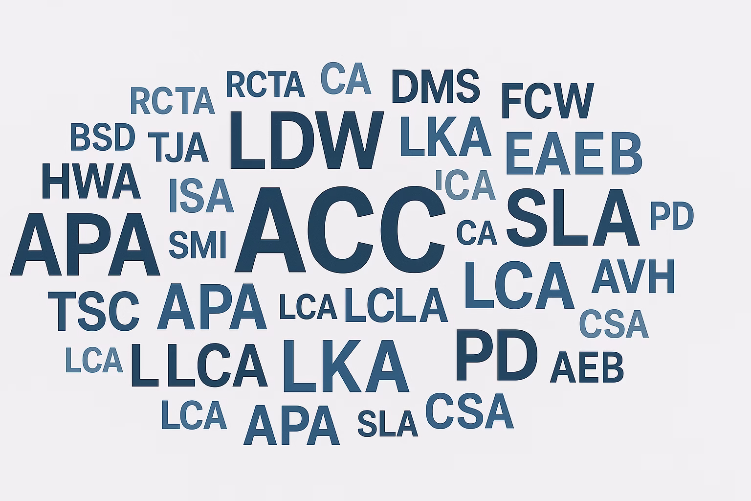 A word cloud of ADAS acronyms such as ACC, LKA, LDW, AEB, and BSM in varying shades of blue on a light gray background.